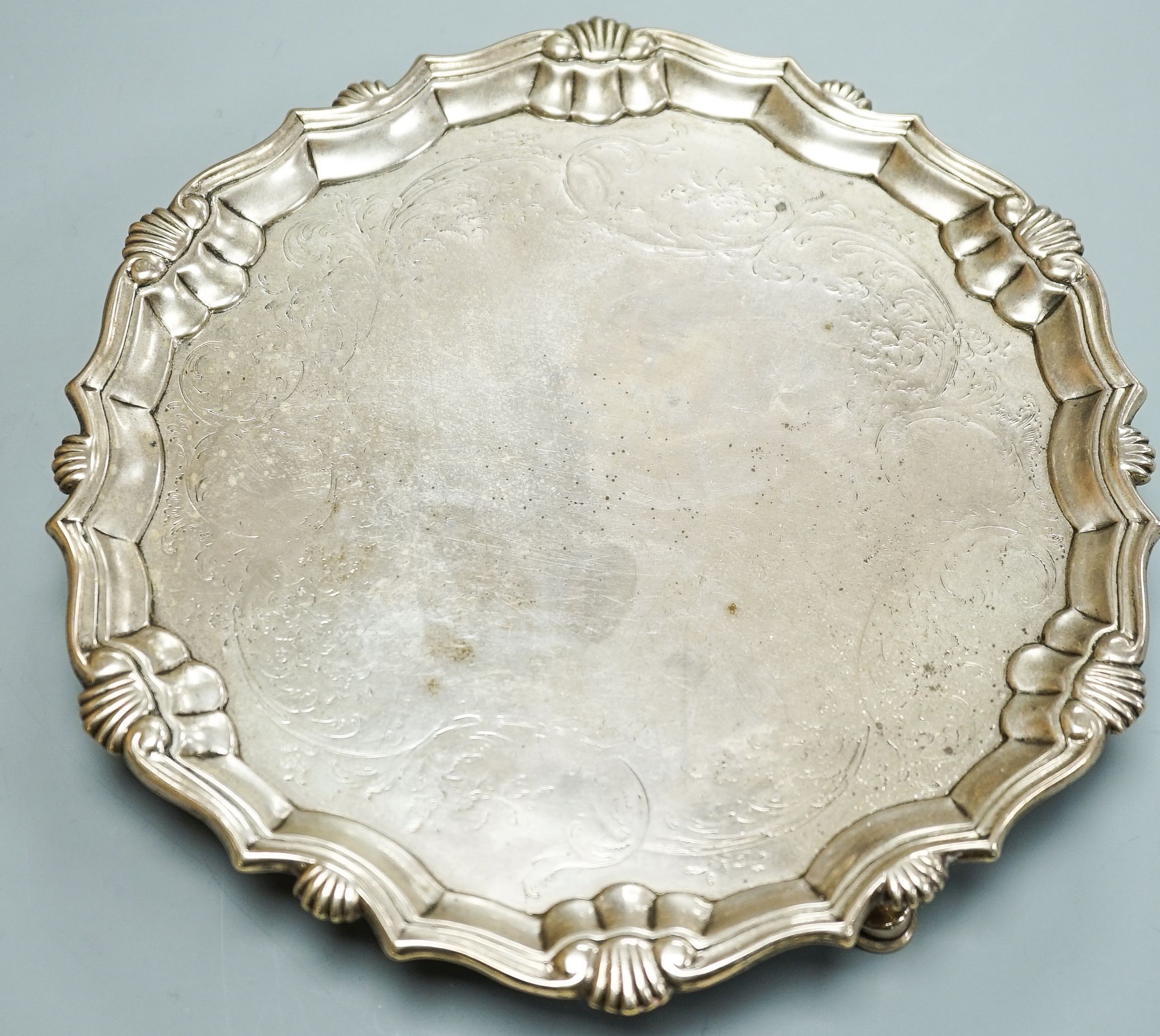 A George II silver waiter, with later engraved decoration, Robert Abercrombie, London, 1739, 20.7cm, 12.5oz.